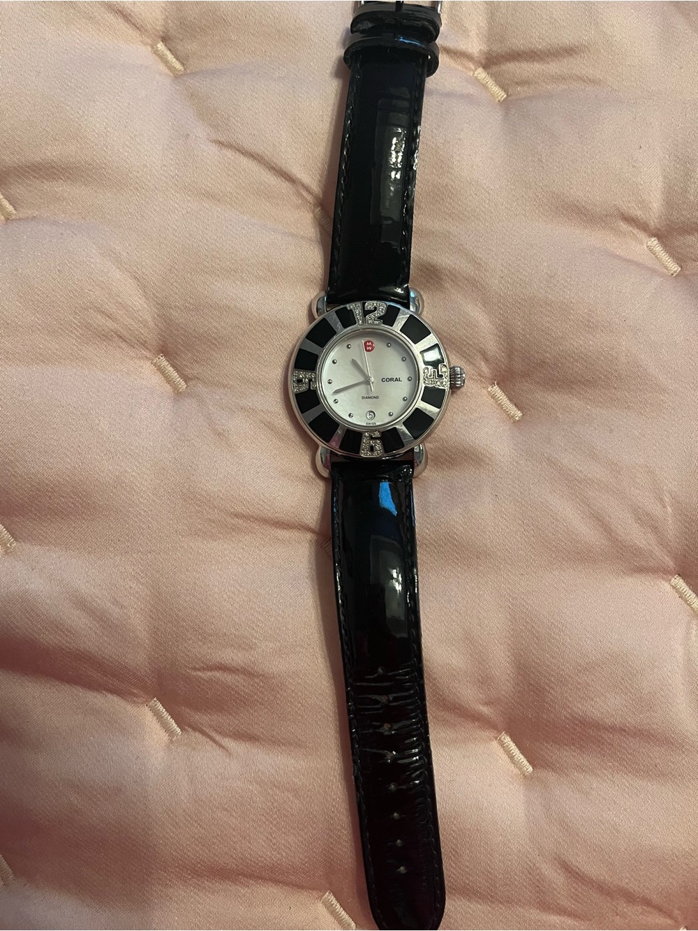 Michele Black Patent Leather and Diamond Silver Dial Women's Watch